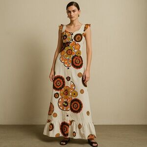 Vintage 60s ruffle Hawaiian print maxi dress.